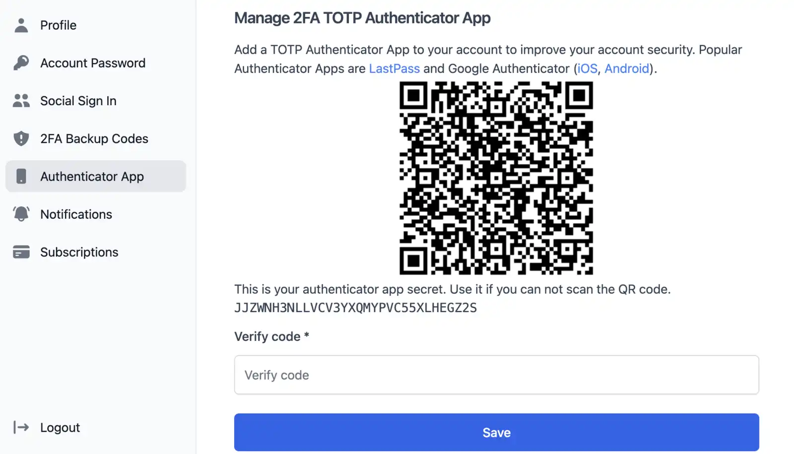 app authenticator setting page