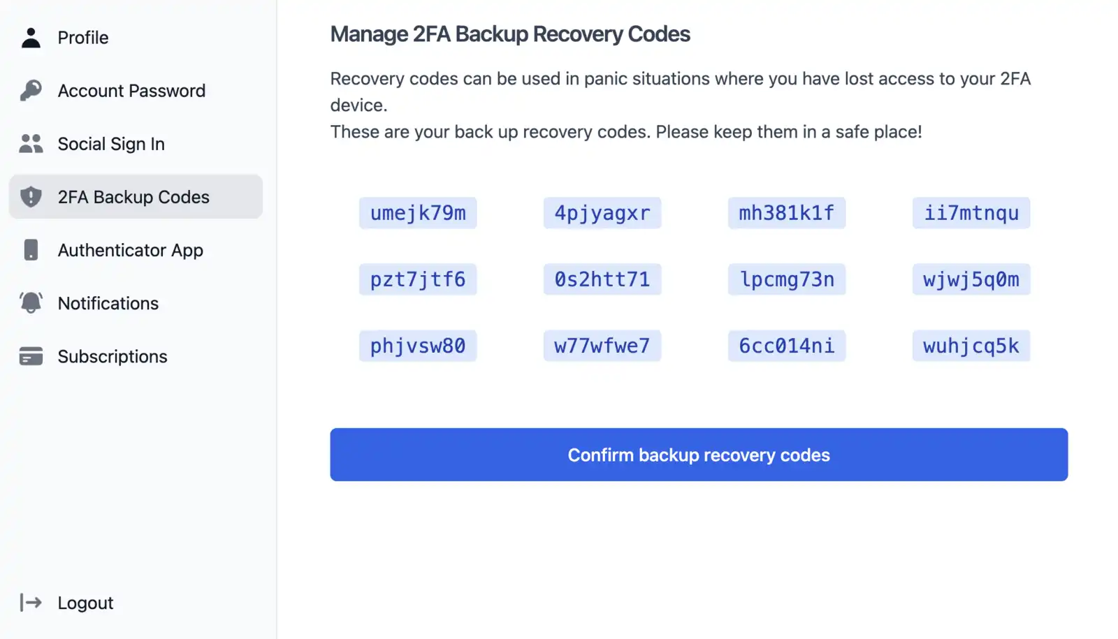 recovery codes setting page