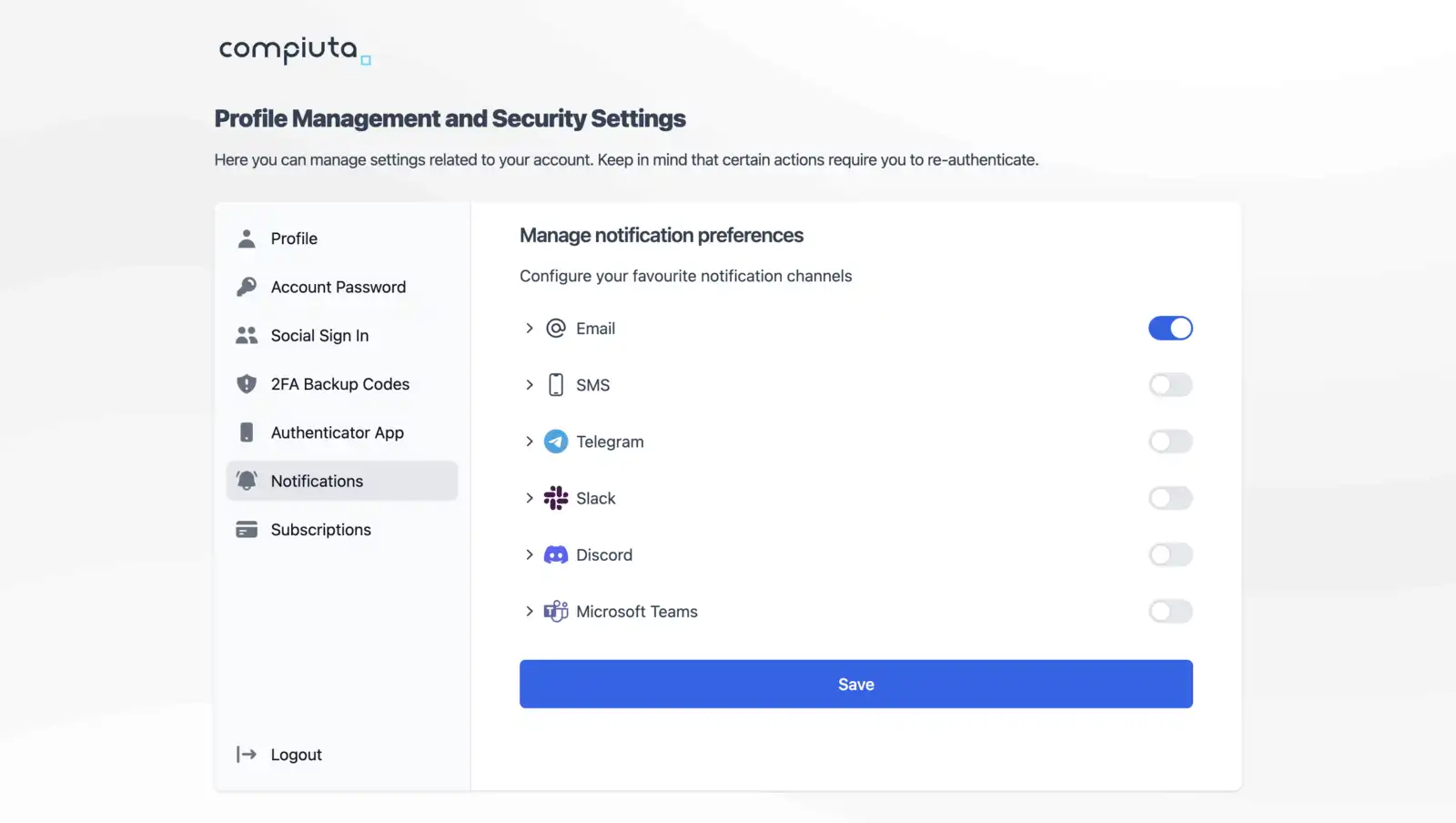 notification methods configuration panel