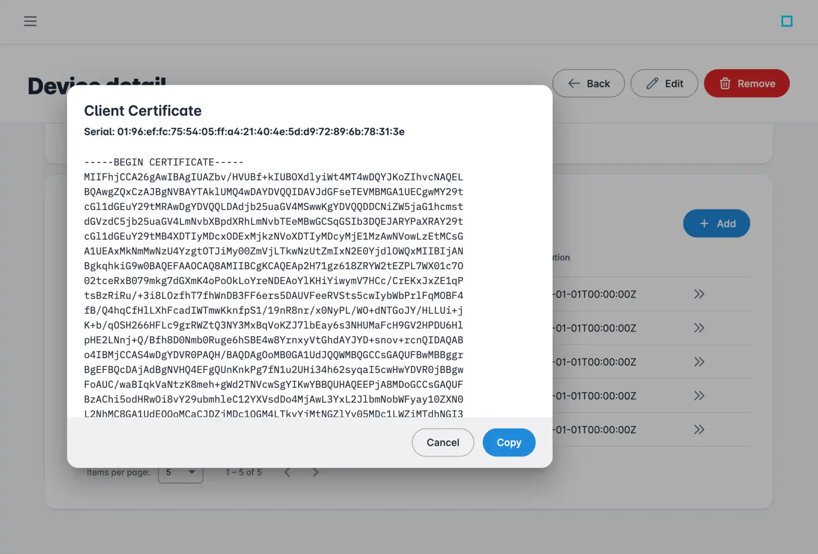 pagina di dettaglio di un certificato di un edge su connhex-control